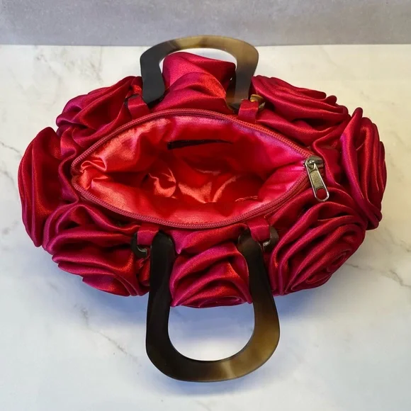 👛Hot Pink Satin Roses Evening Bag - Picture 7 of 11